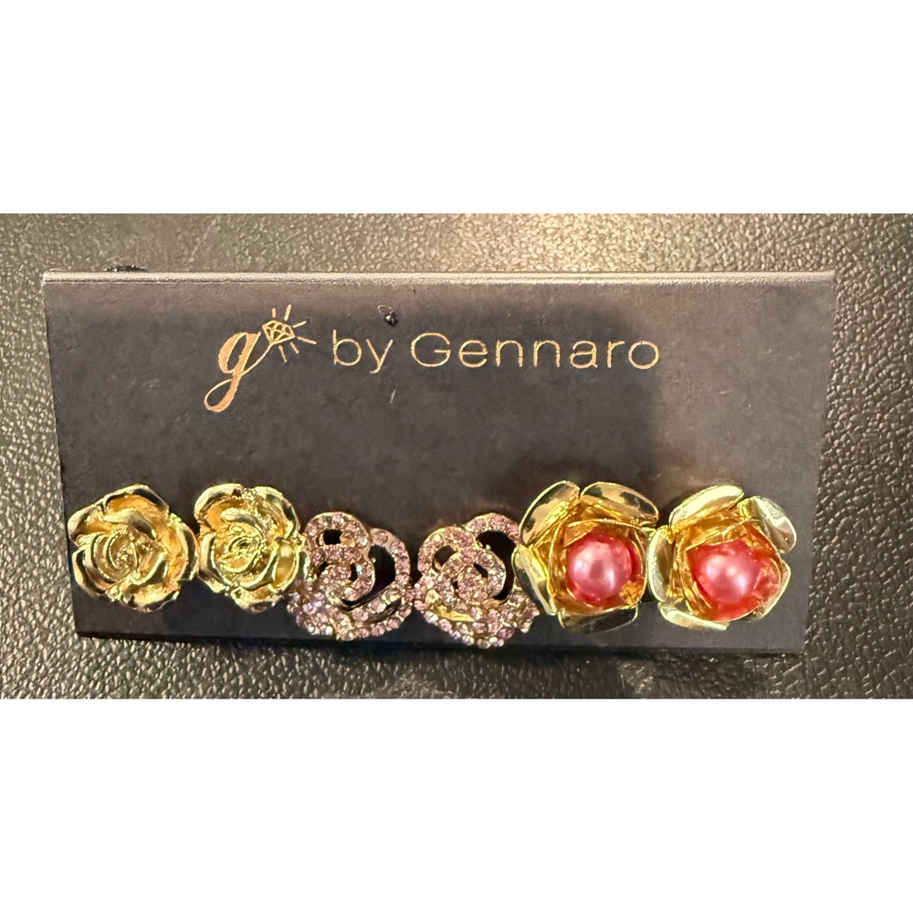 Womens Stud Earrings Gold Tone Pink Floral Rhinestone Faux Pearl Set 3 Pairs NEW